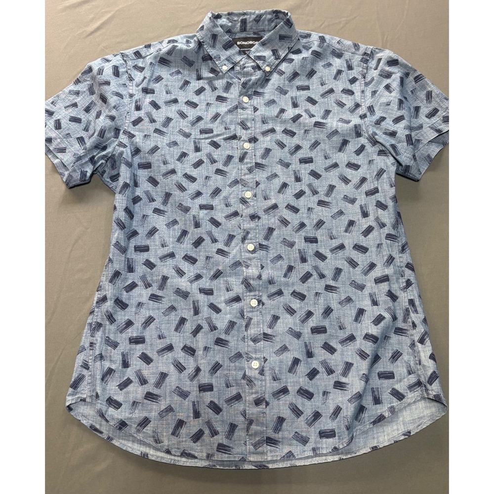 Bonobos Mens Slim Fit Short Sleeve Button Down Shirt Blue Block Print Large L